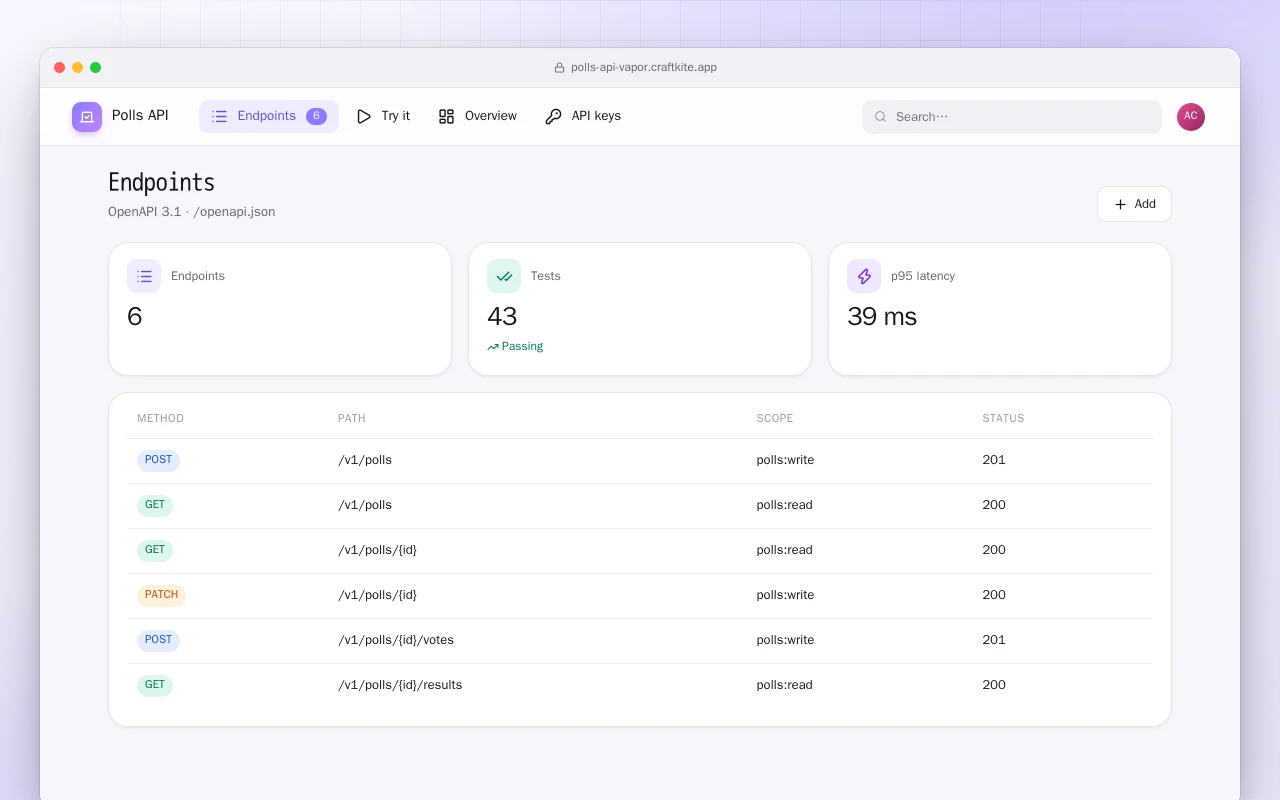 Polls API (Vapor): the Endpoints screen