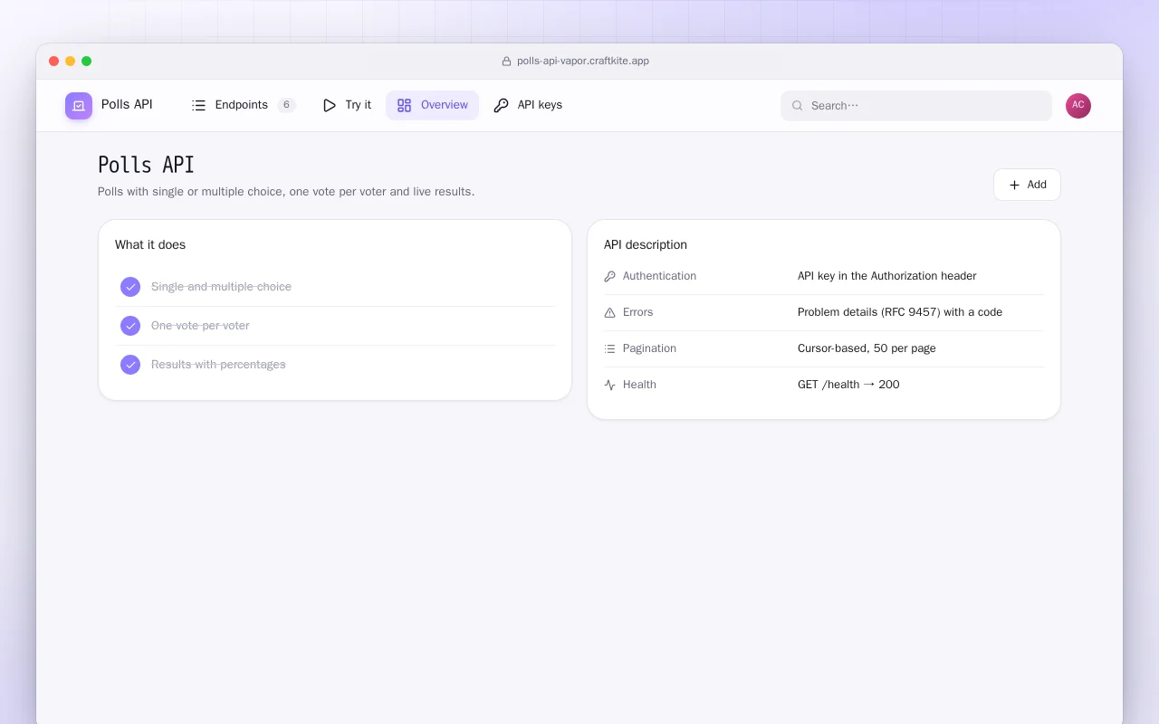 Polls API (Vapor): the Polls API screen