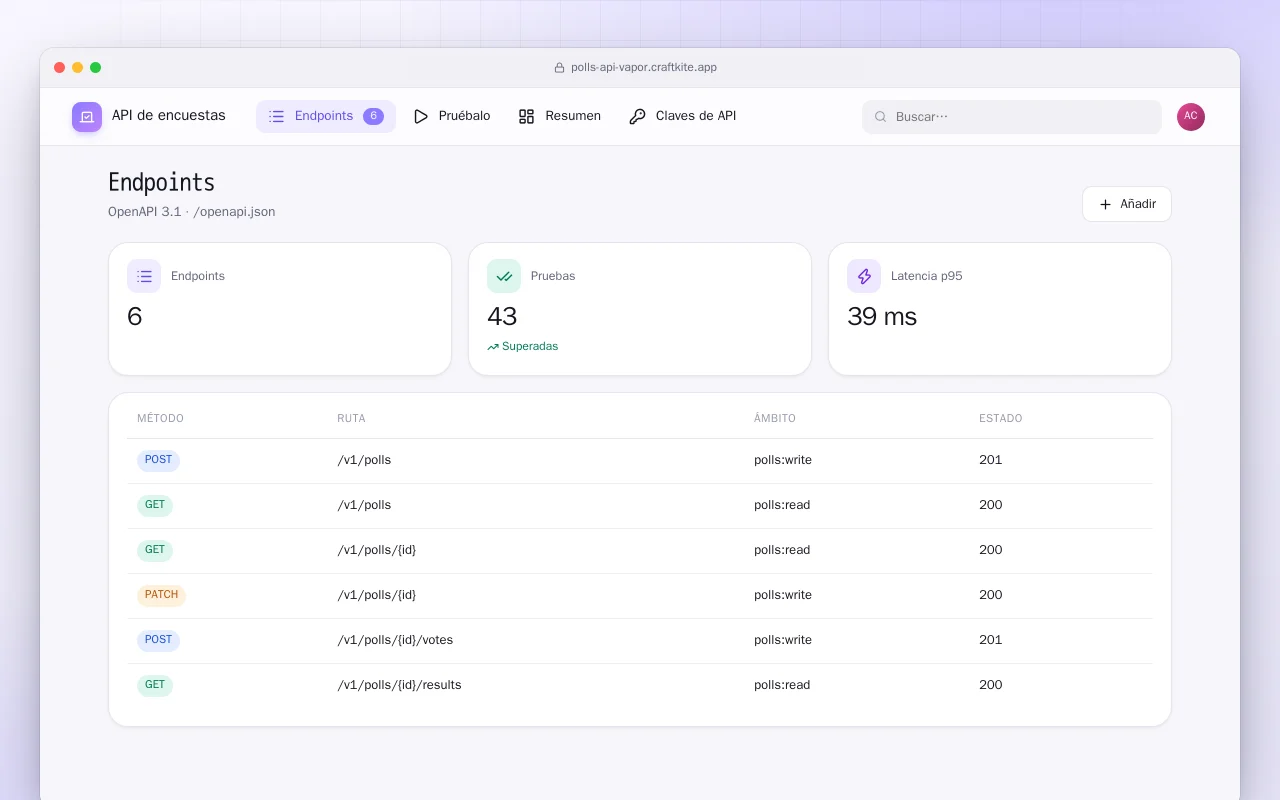 API de encuestas (Vapor): la pantalla Endpoints