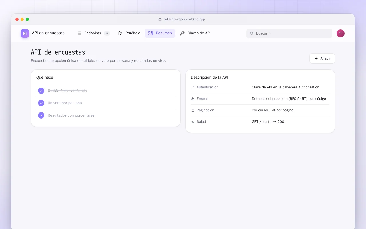 API de encuestas (Vapor): la pantalla API de encuestas