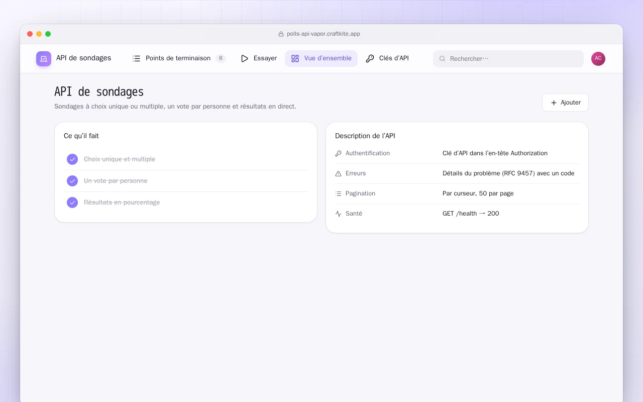 API de sondages (Vapor) : l’écran API de sondages