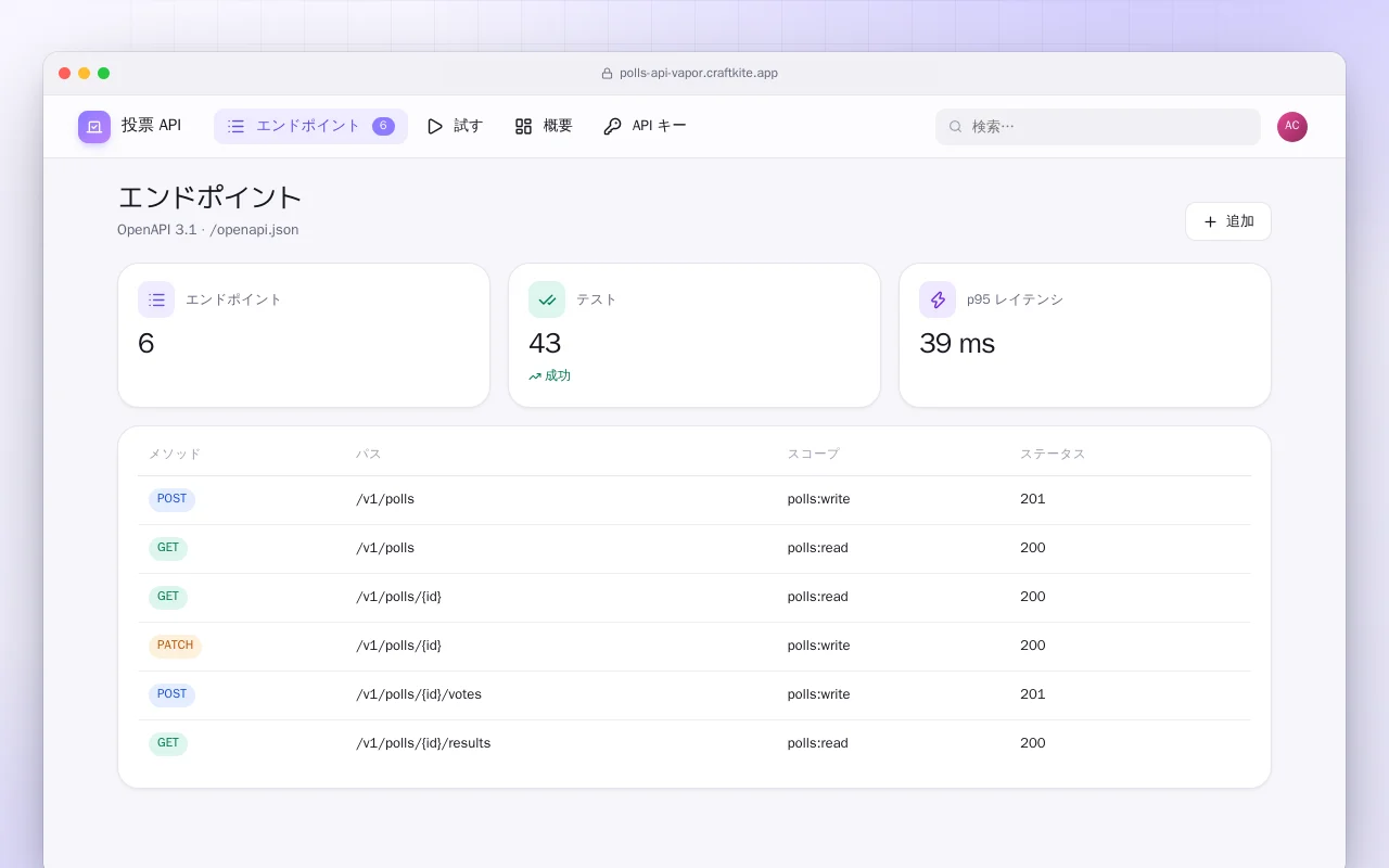 投票 API（Vapor）：エンドポイント画面