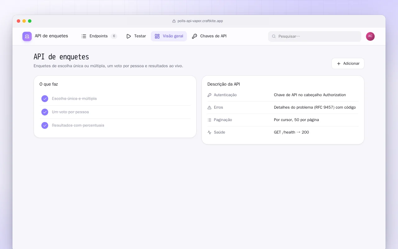 API de enquetes (Vapor): a tela API de enquetes
