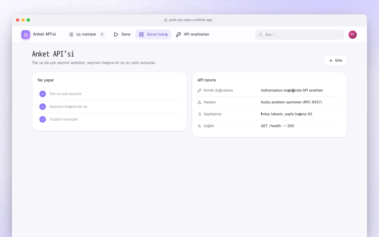 Anket API’si (Vapor): Anket API’si ekranı