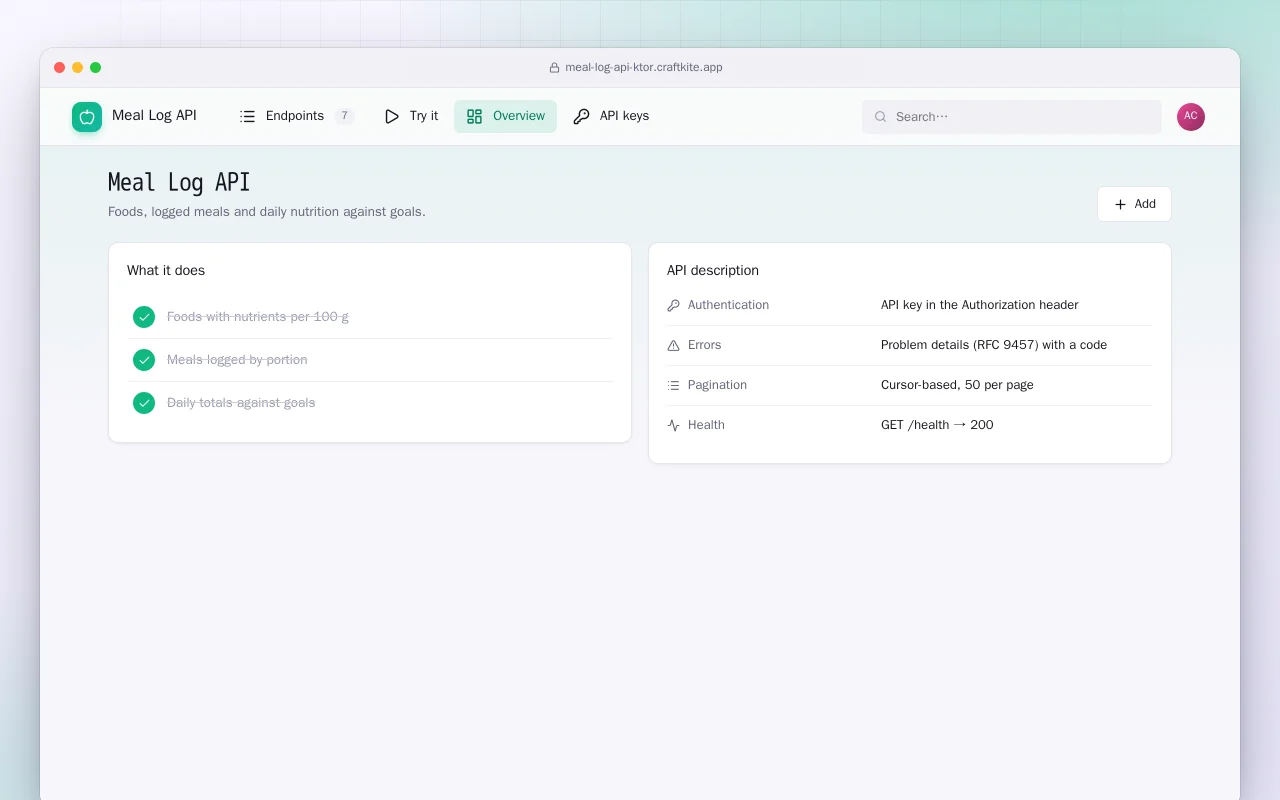 Meal Log API (Ktor): the Meal Log API screen