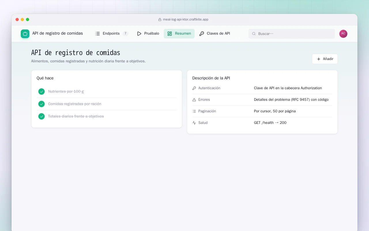 API de registro de comidas (Ktor): la pantalla API de registro de comidas