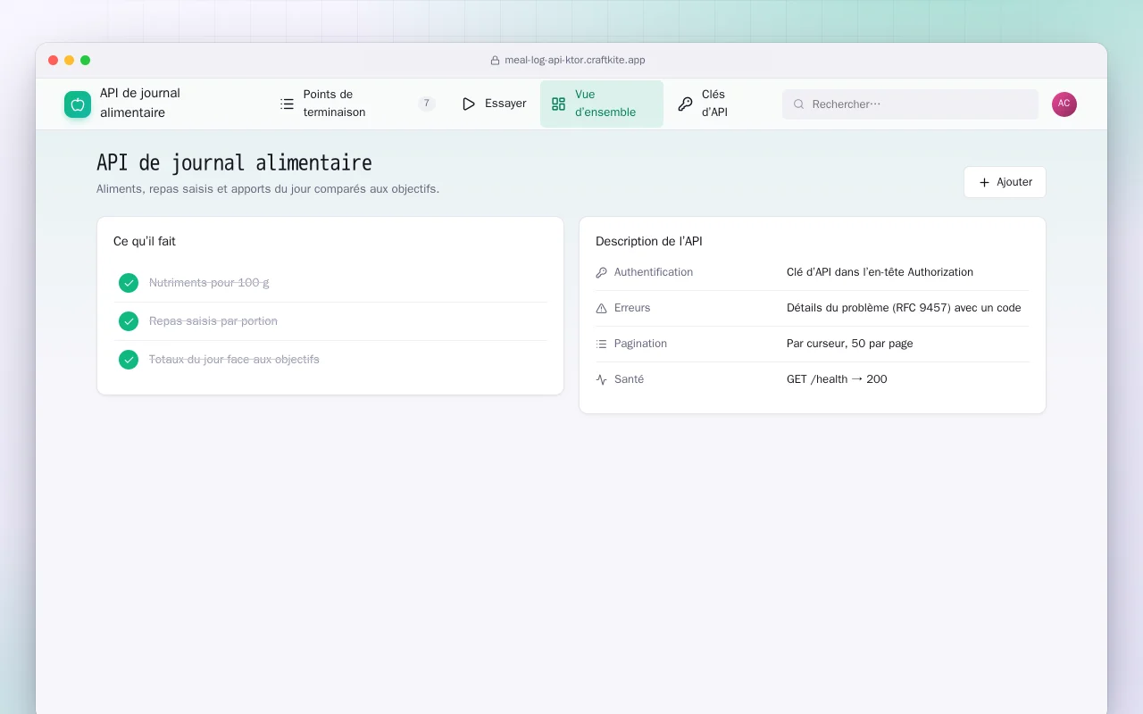API de journal alimentaire (Ktor) : l’écran API de journal alimentaire