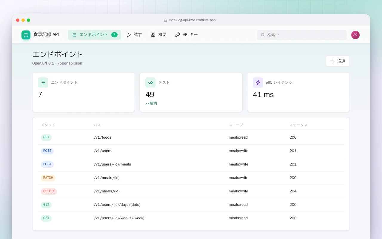 食事記録 API（Ktor）：エンドポイント画面
