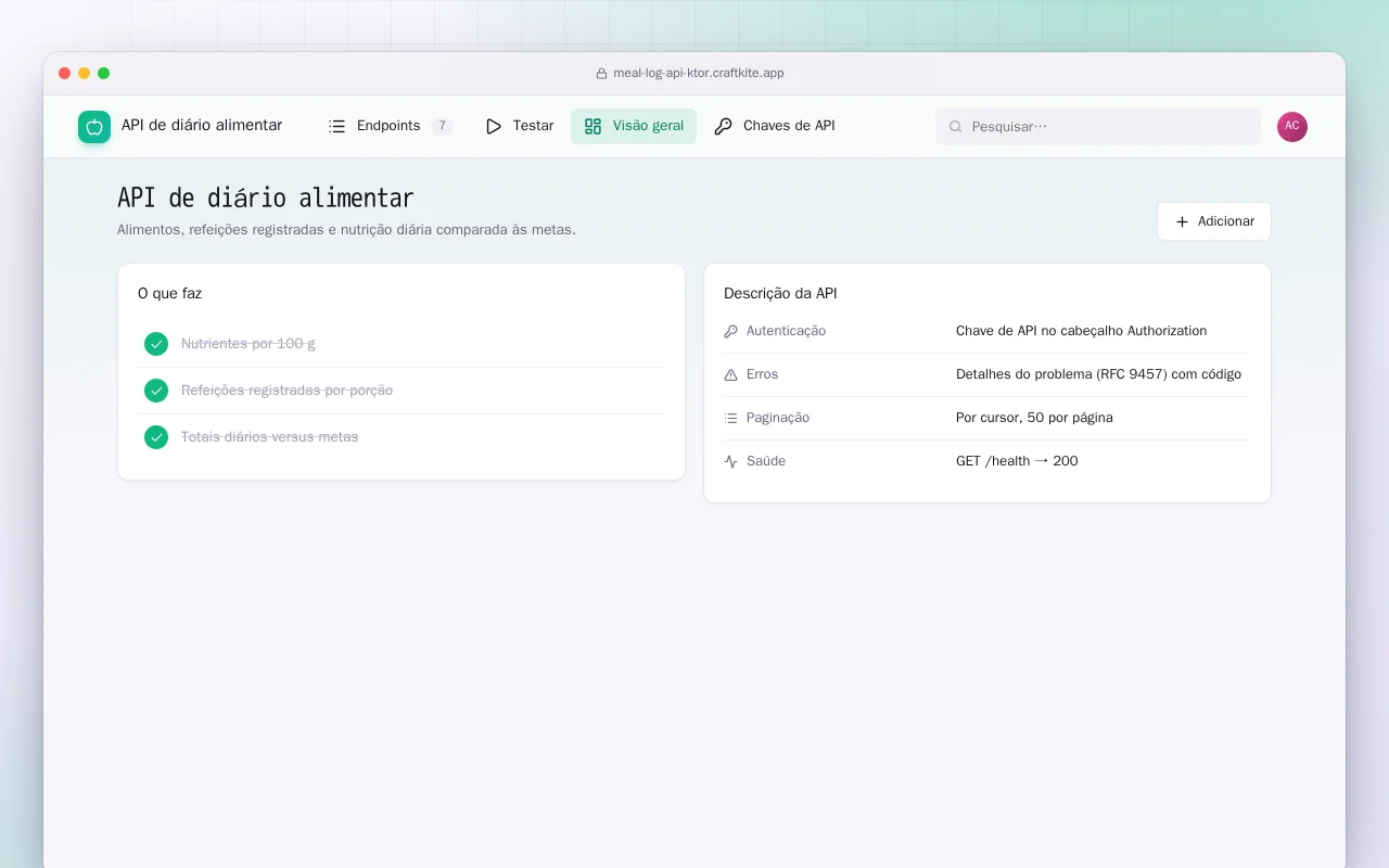 API de diário alimentar (Ktor): a tela API de diário alimentar