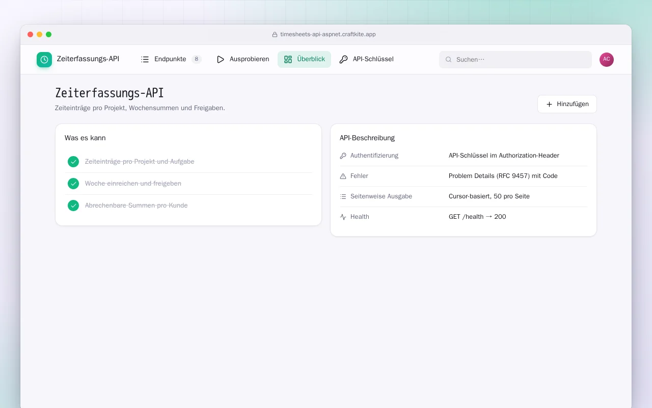 Zeiterfassungs-API (ASP.NET Core): der Bildschirm „Zeiterfassungs-API“