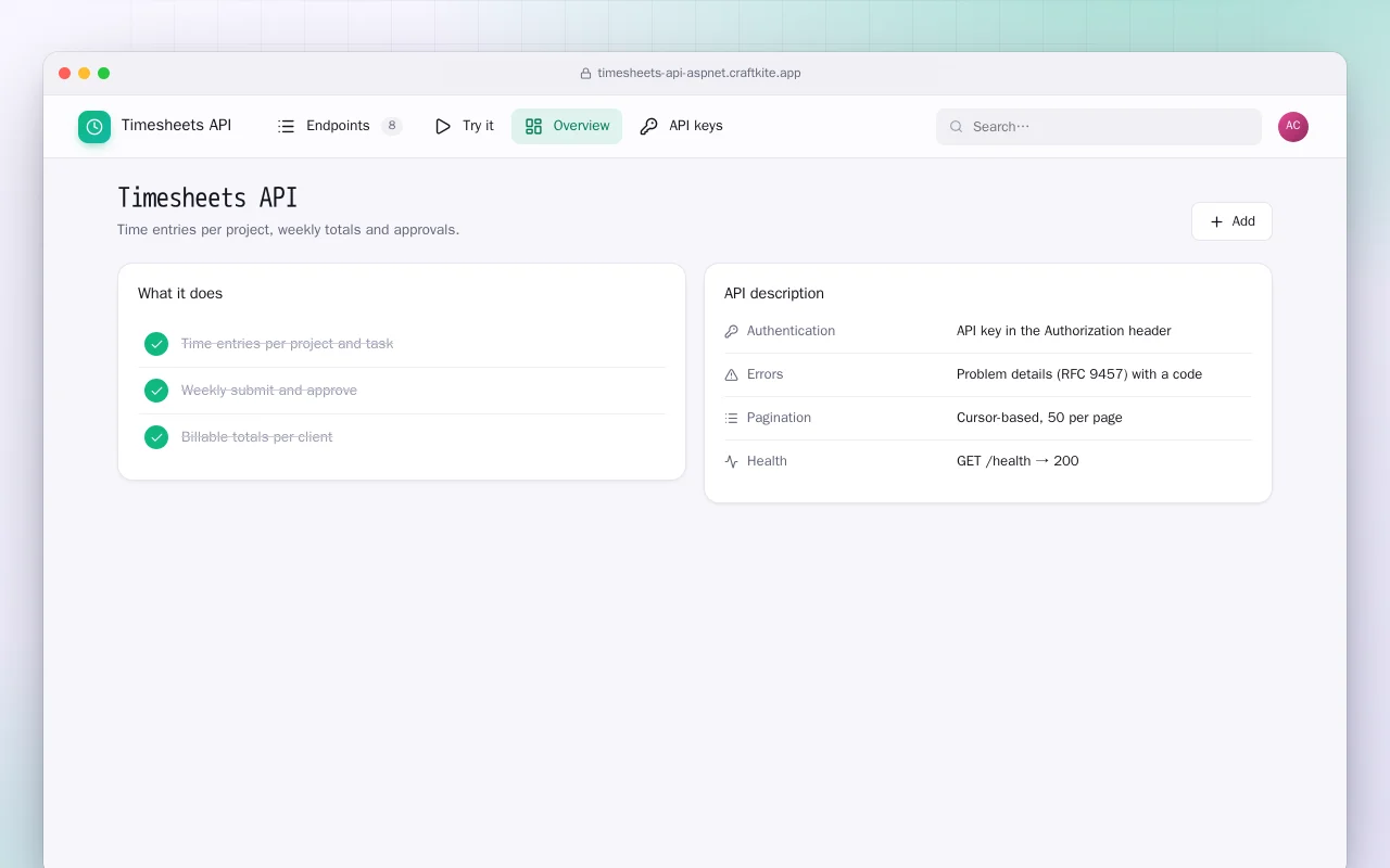 Timesheets API (ASP.NET Core): the Timesheets API screen