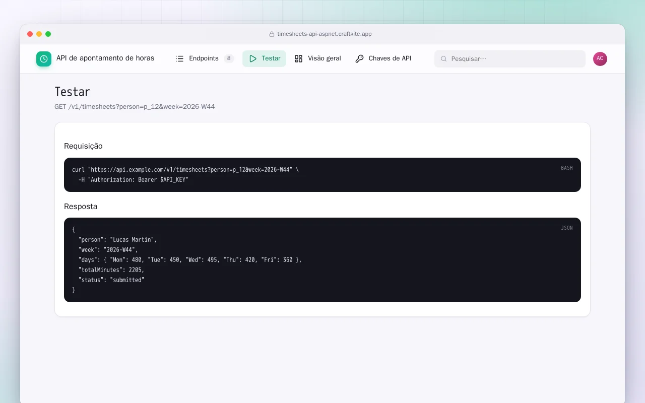 API de apontamento de horas (ASP.NET Core): a tela Testar
