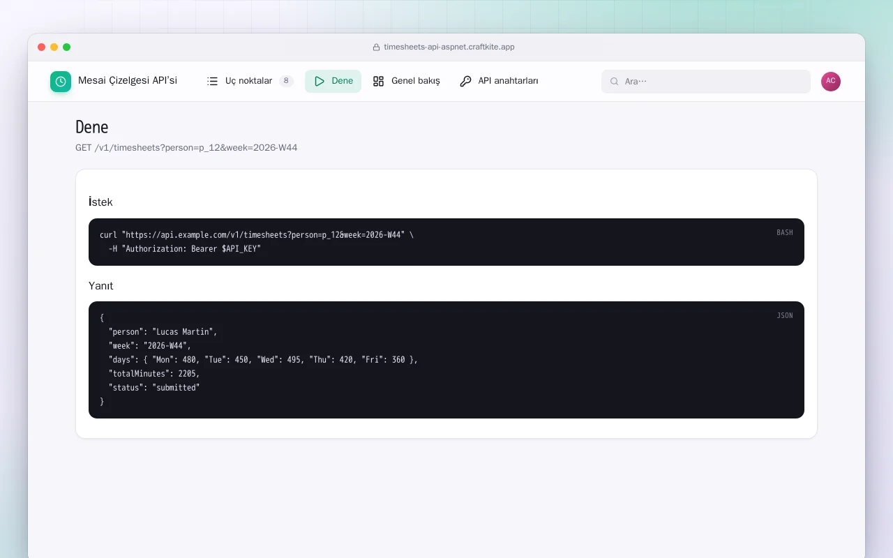 Mesai Çizelgesi API’si (ASP.NET Core): Dene ekranı