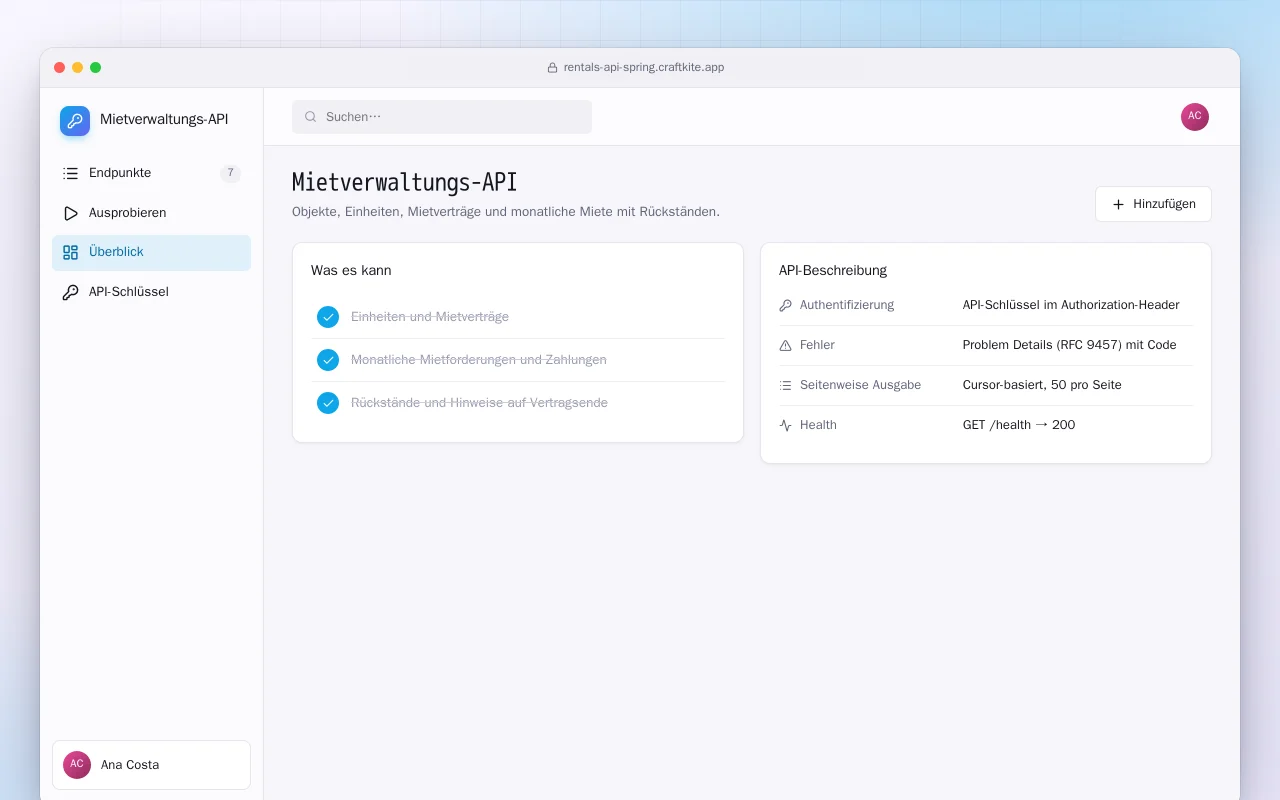 Mietverwaltungs-API (Spring Boot): der Bildschirm „Mietverwaltungs-API“