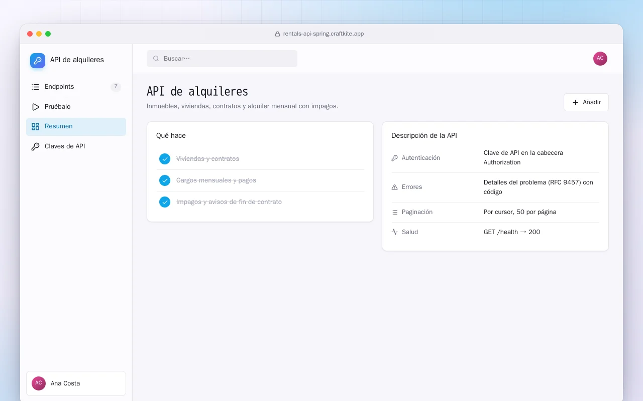 API de alquileres (Spring Boot): la pantalla API de alquileres