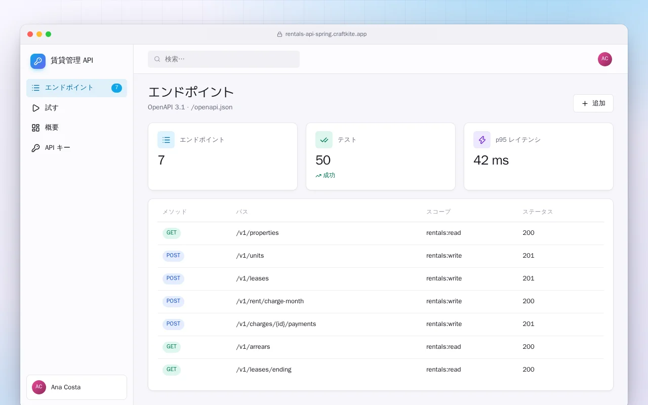 賃貸管理 API（Spring Boot）：エンドポイント画面