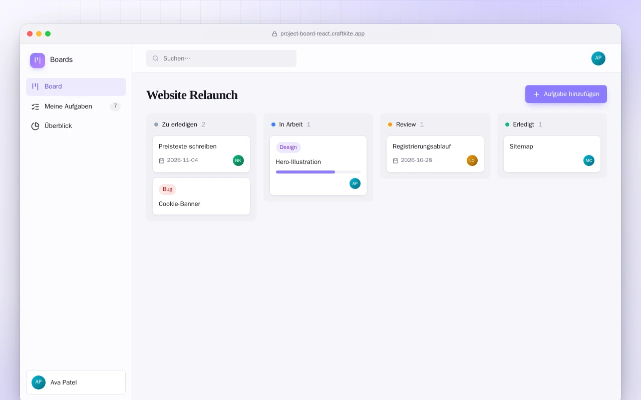 Projektboard (React): der Bildschirm „Website Relaunch“