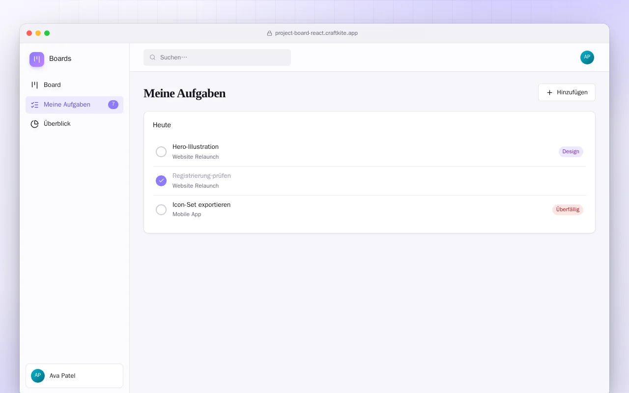 Projektboard (React): der Bildschirm „Meine Aufgaben“