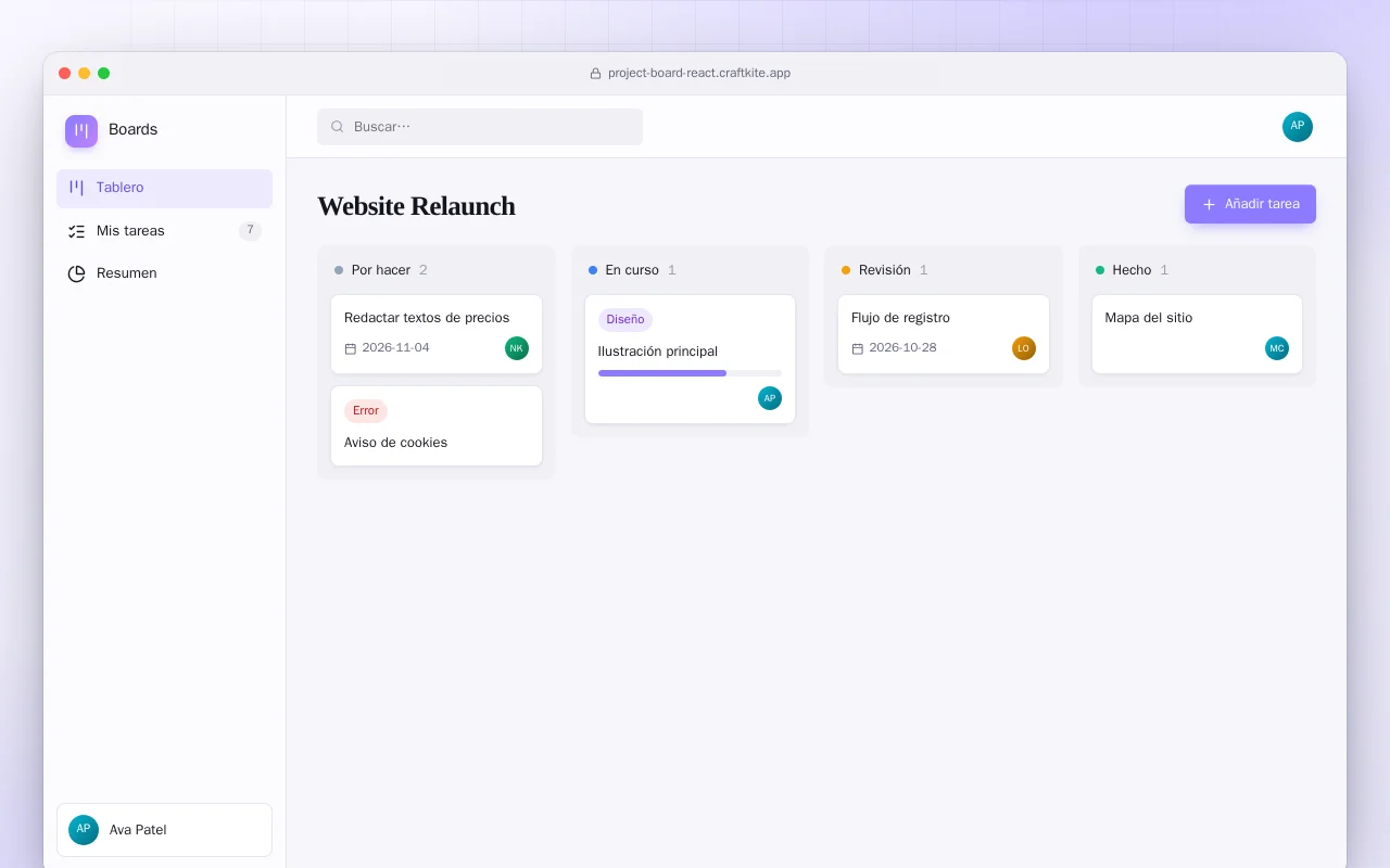 Tablero de proyectos (React): la pantalla Website Relaunch