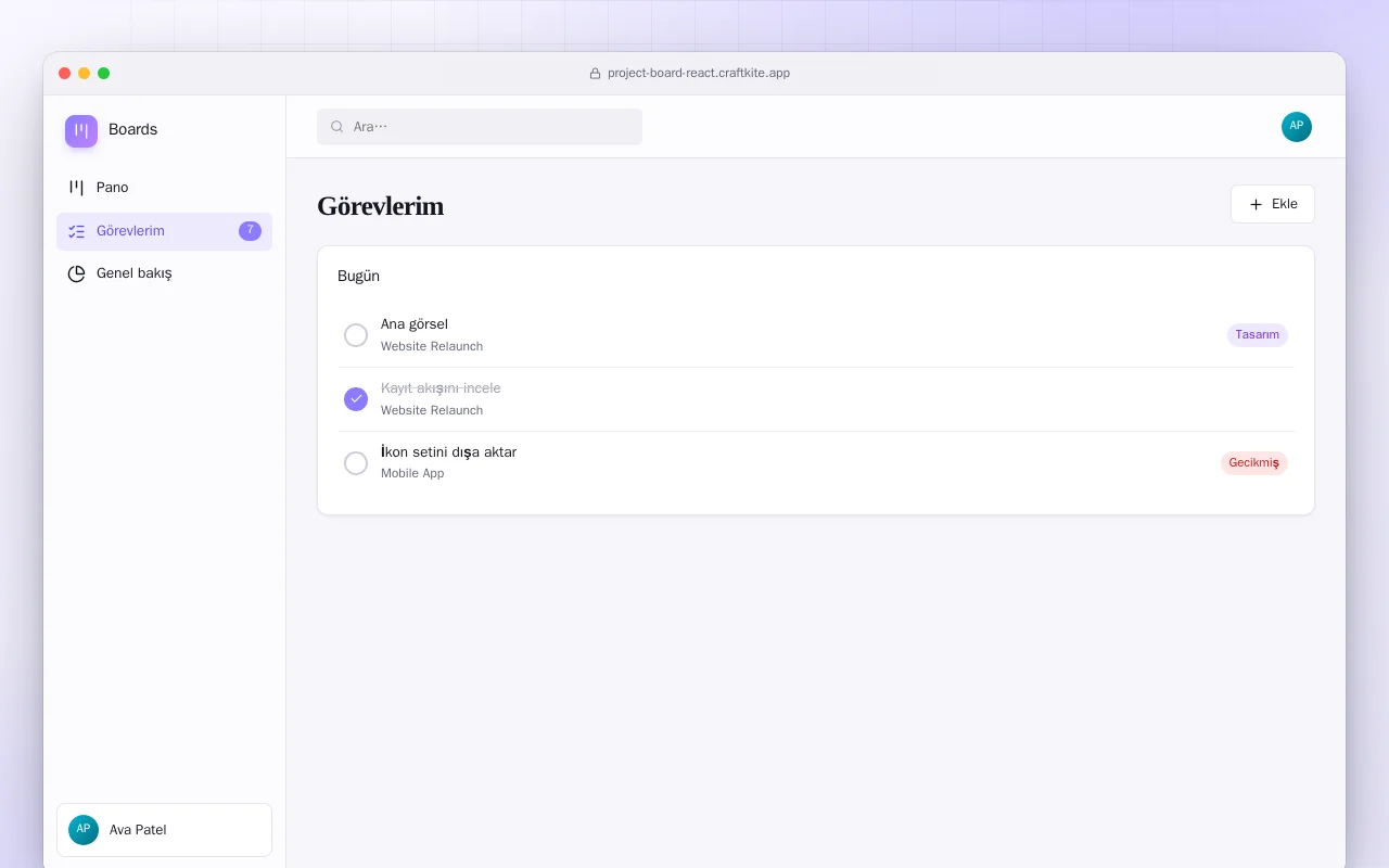 Proje Panosu (React): Görevlerim ekranı