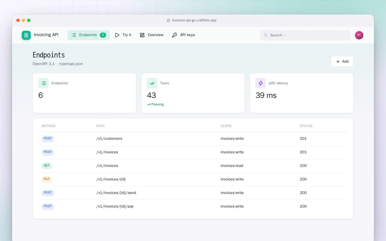 Invoicing API (Go): the Endpoints screen