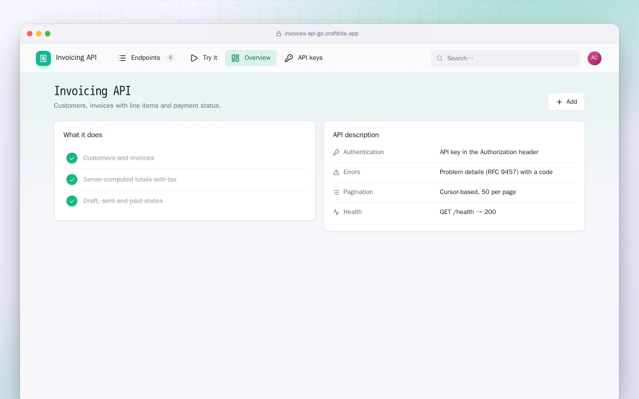 Invoicing API (Go): the Invoicing API screen