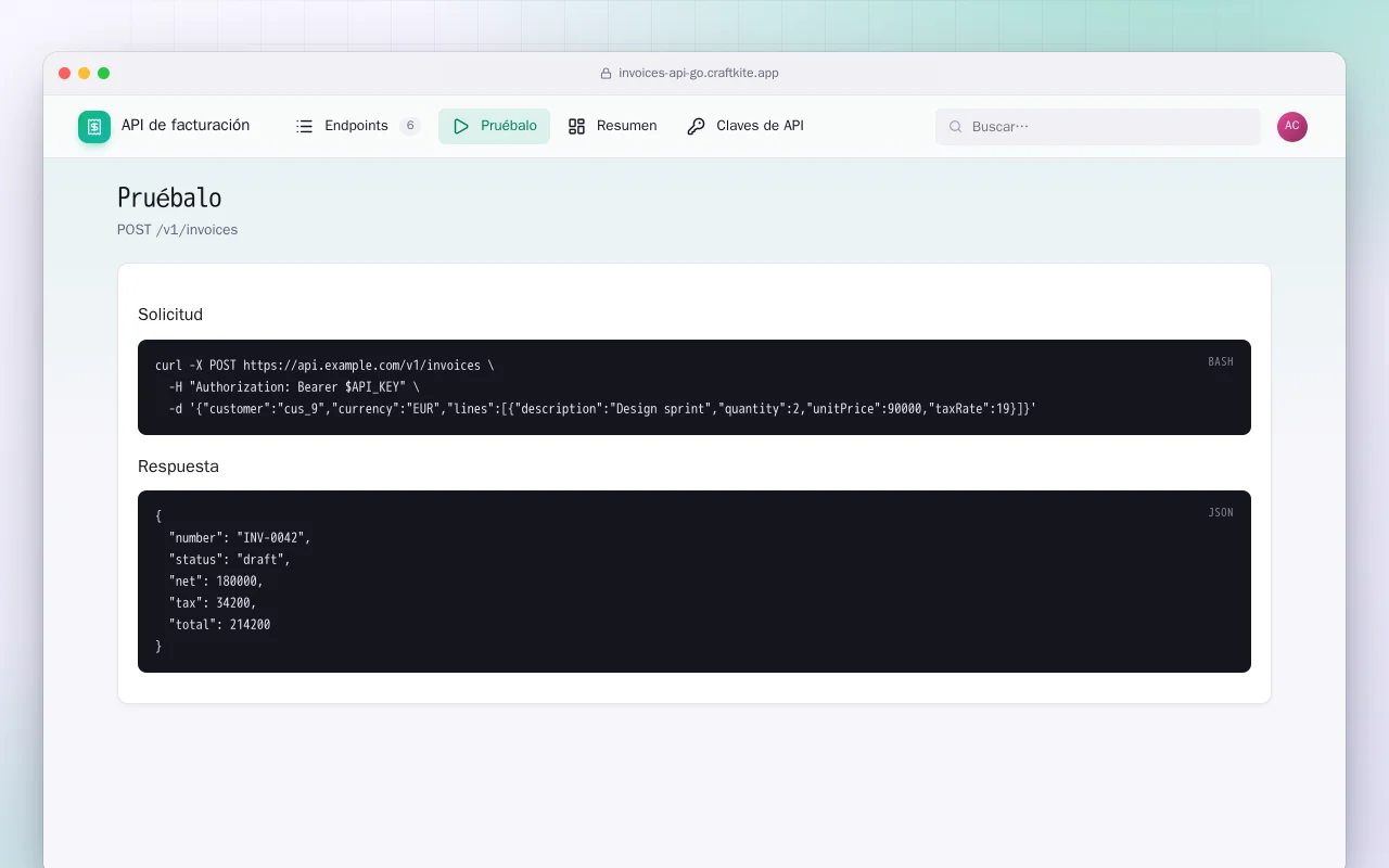 API de facturación (Go): la pantalla Pruébalo