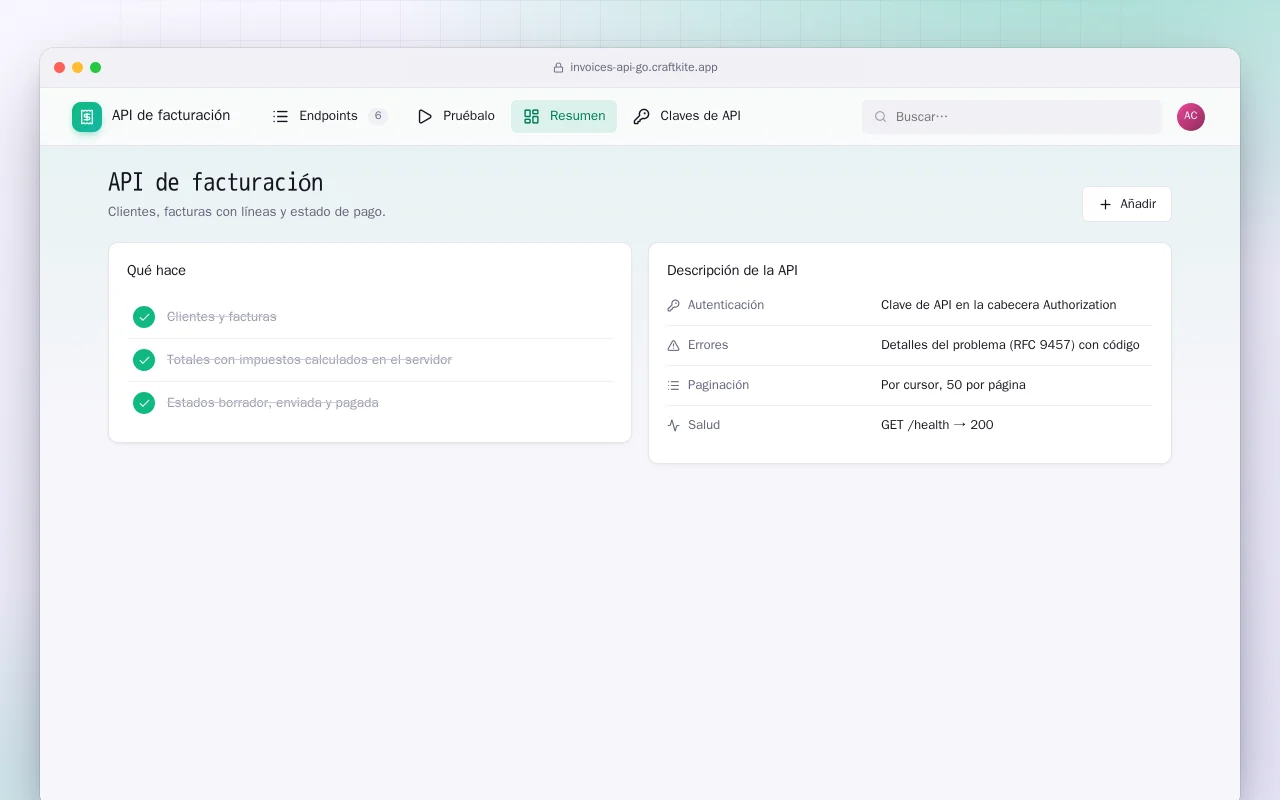 API de facturación (Go): la pantalla API de facturación