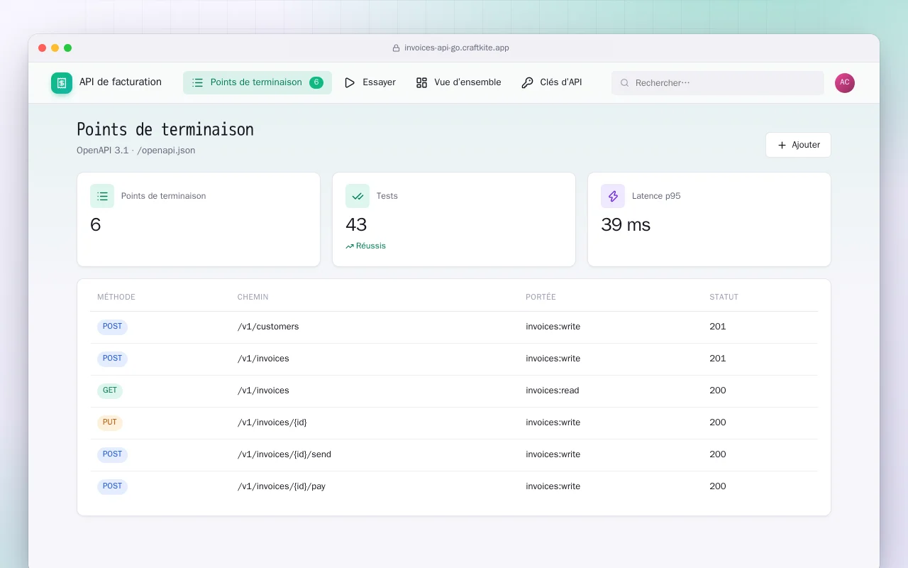 API de facturation (Go) : l’écran Points de terminaison