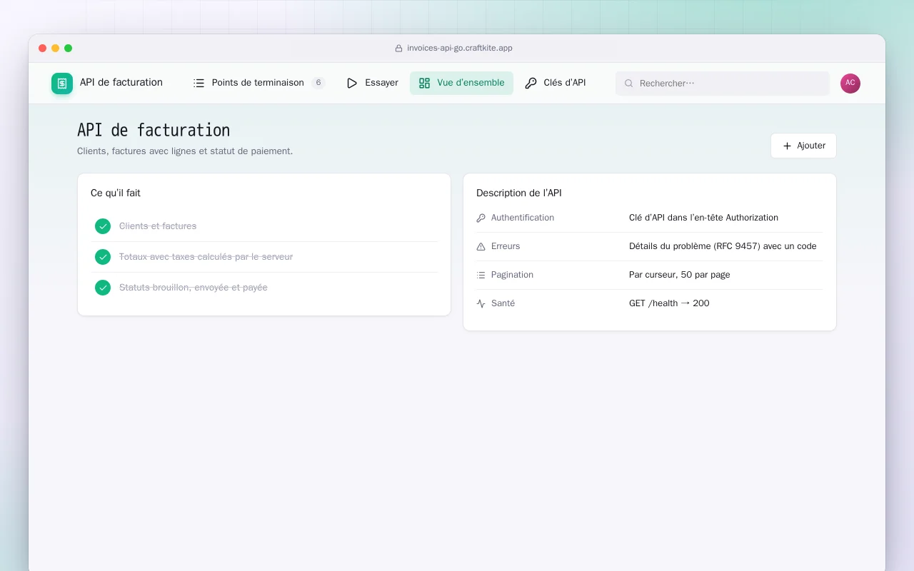 API de facturation (Go) : l’écran API de facturation
