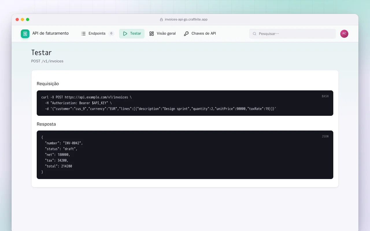 API de faturamento (Go): a tela Testar