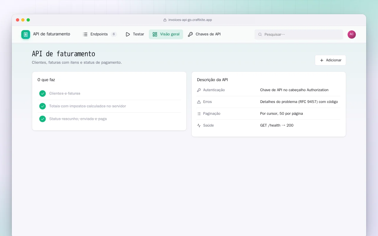 API de faturamento (Go): a tela API de faturamento
