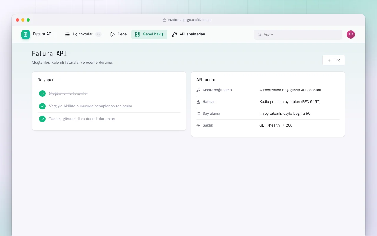 Fatura API (Go): Fatura API ekranı