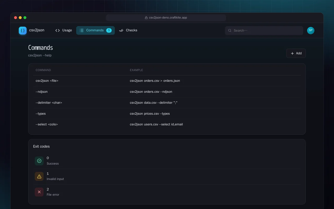 CSV to JSON (Deno): the Commands screen