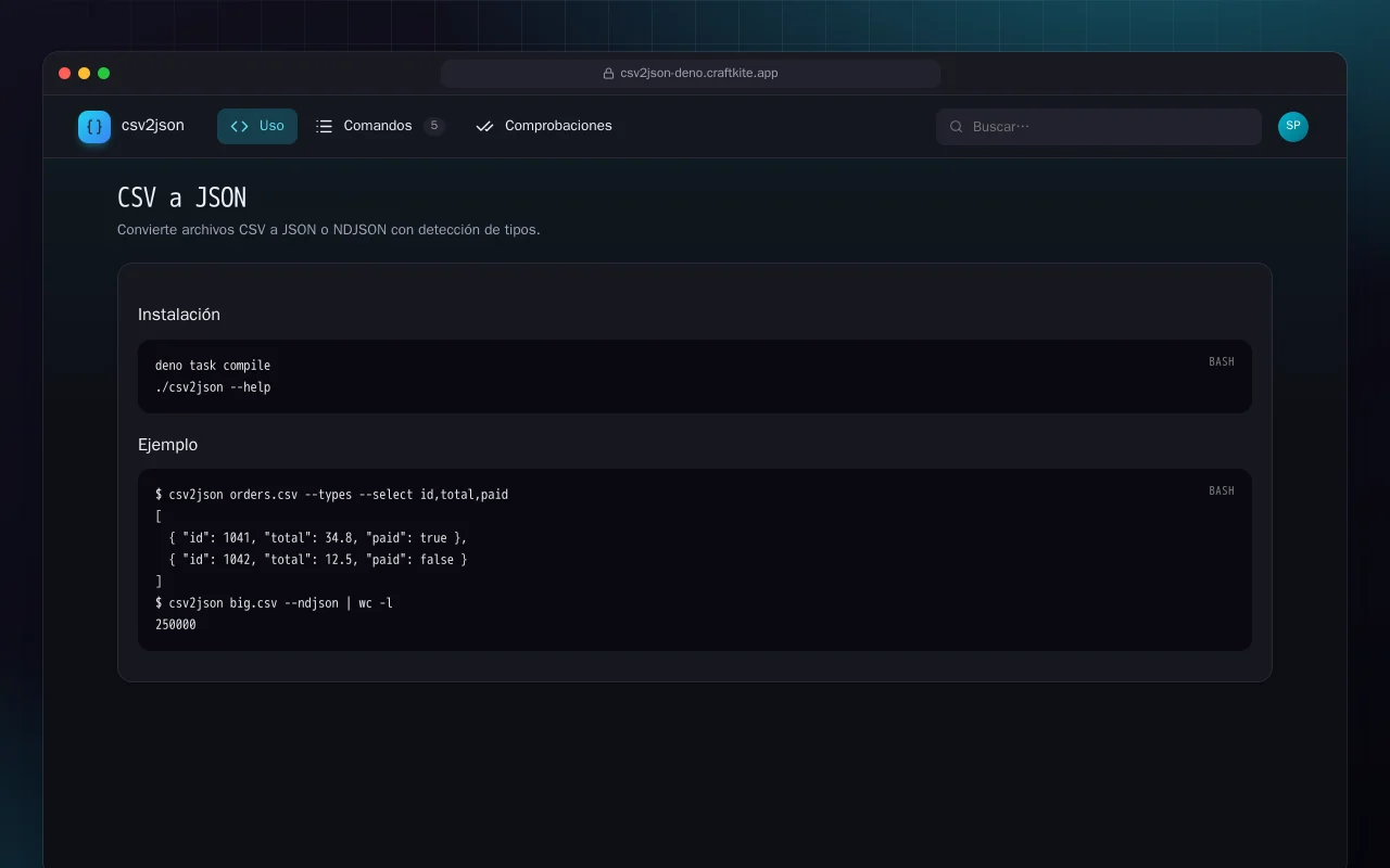 CSV a JSON (Deno): la pantalla CSV a JSON