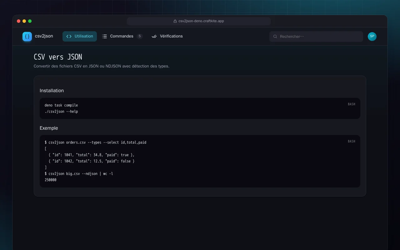 CSV vers JSON (Deno) : l’écran CSV vers JSON