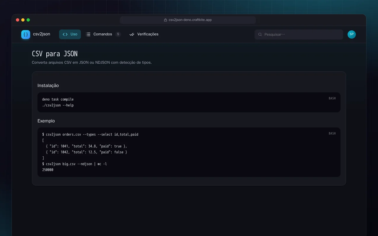 CSV para JSON (Deno): a tela CSV para JSON