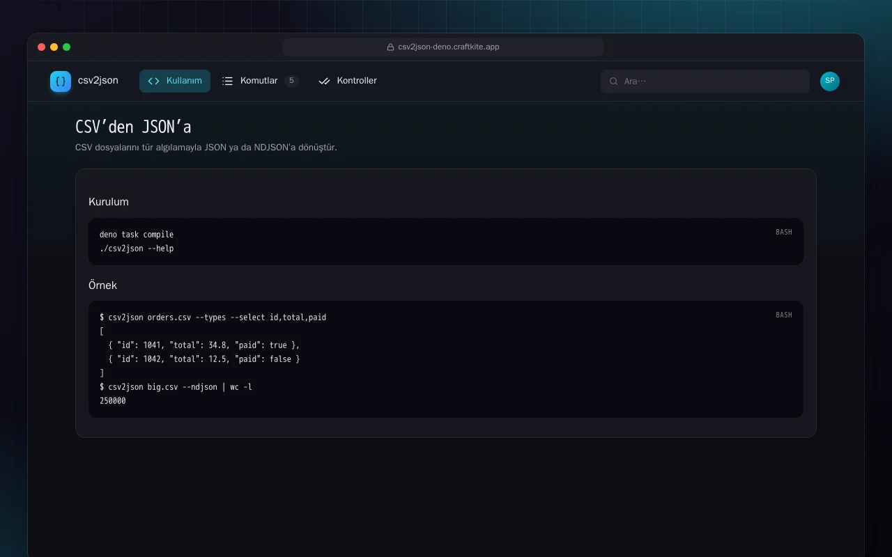CSV’den JSON’a (Deno): CSV’den JSON’a ekranı