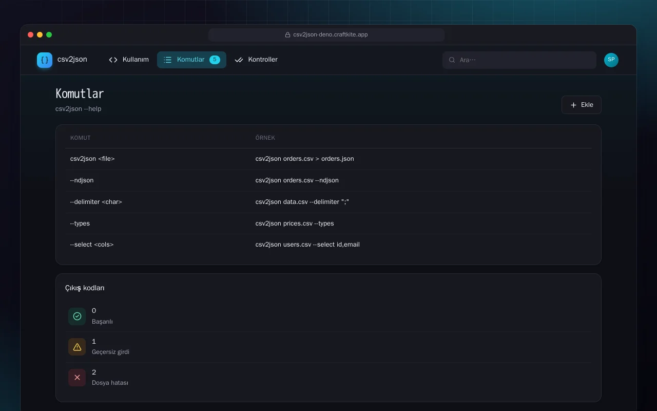 CSV’den JSON’a (Deno): Komutlar ekranı