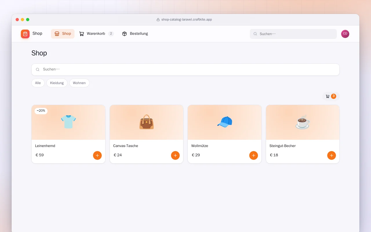 Shop-Katalog (Laravel): der Bildschirm „Shop“