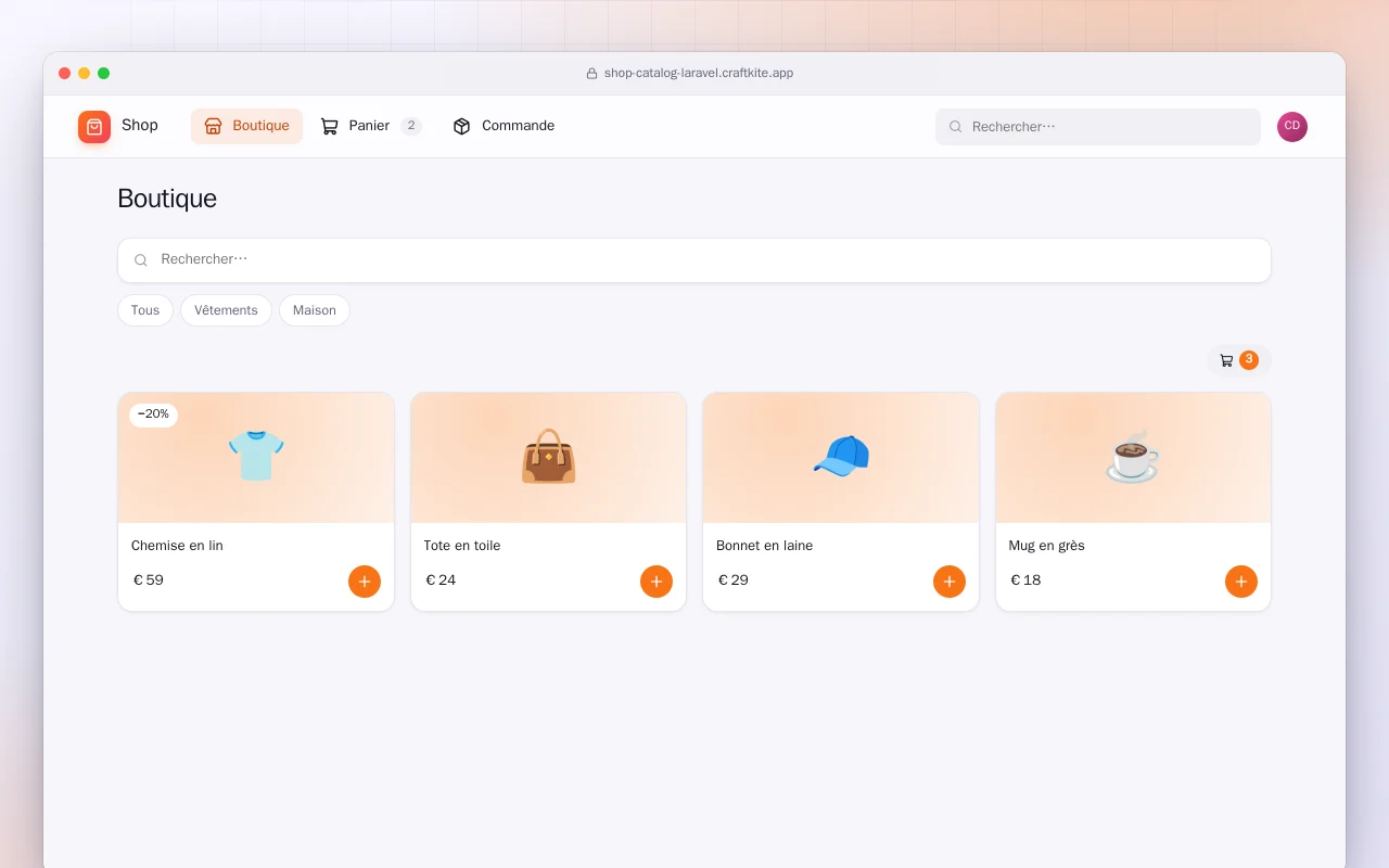 Catalogue de boutique (Laravel) : l’écran Boutique