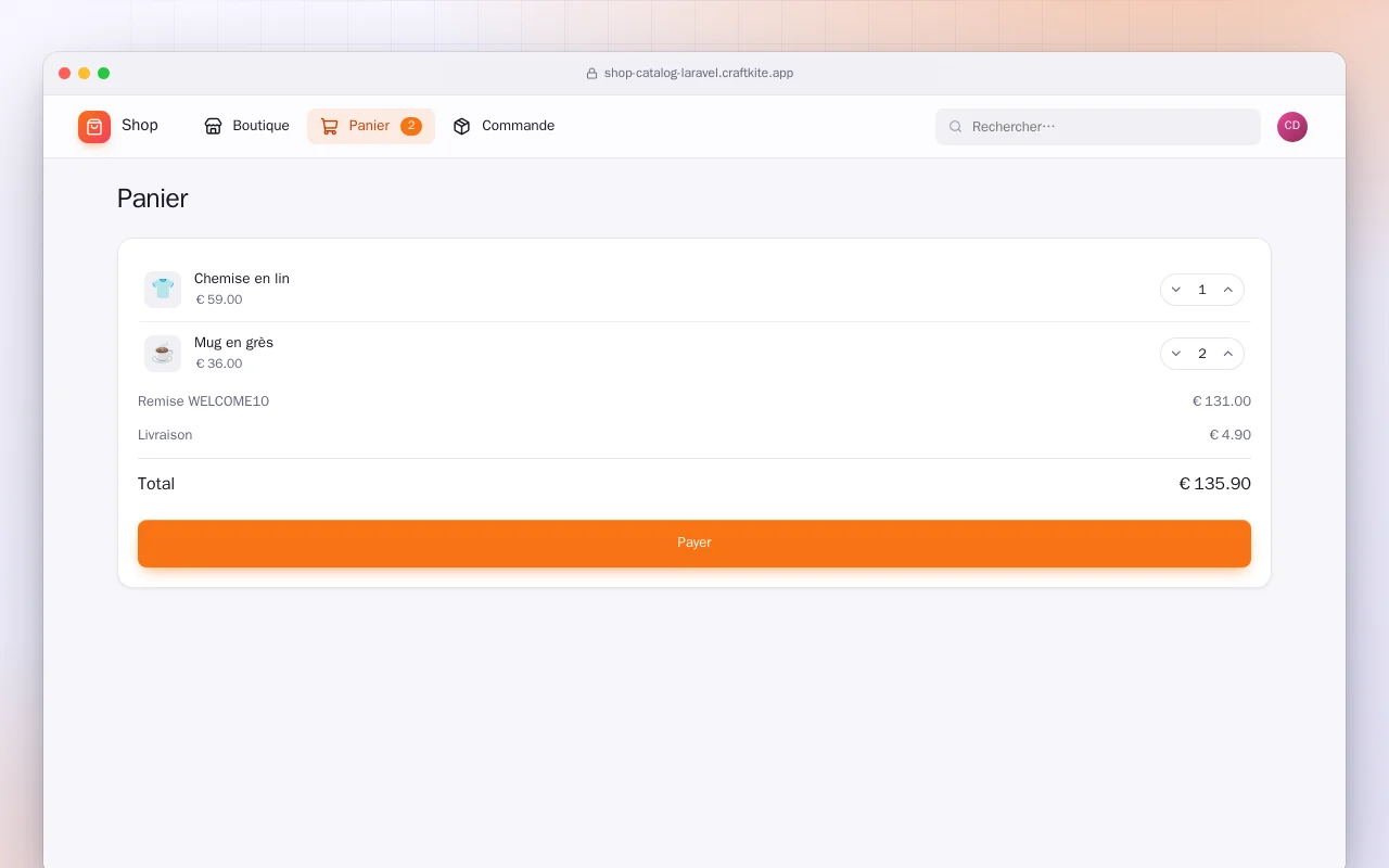 Catalogue de boutique (Laravel) : l’écran Panier