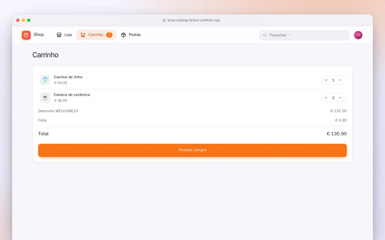 Catálogo da loja (Laravel): a tela Carrinho