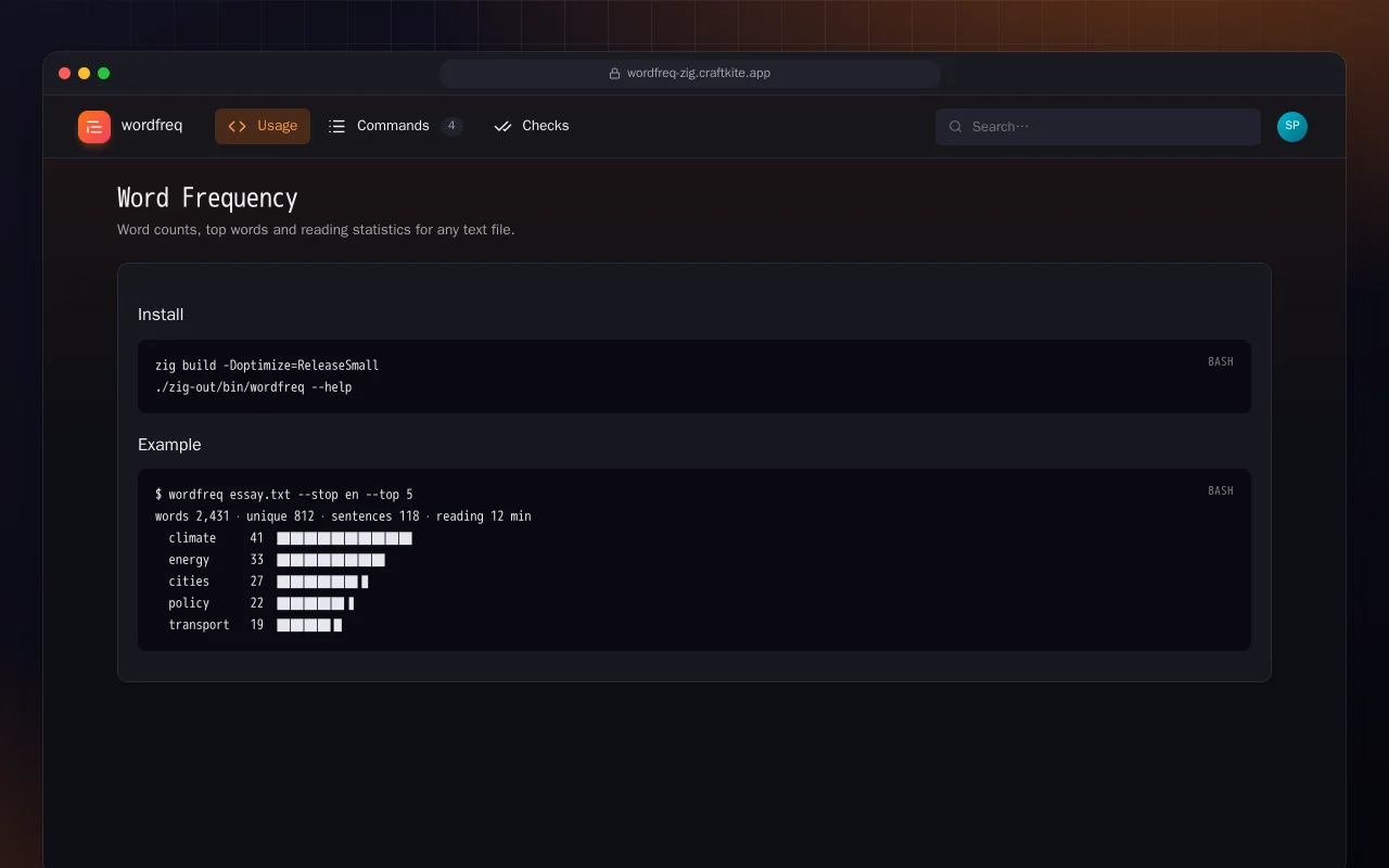 Word Frequency (Zig): the Word Frequency screen