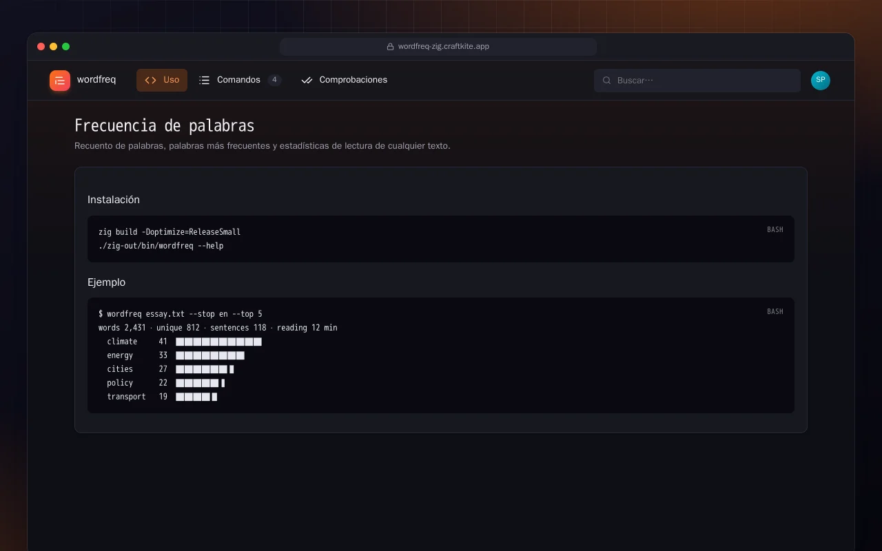 Frecuencia de palabras (Zig): la pantalla Frecuencia de palabras