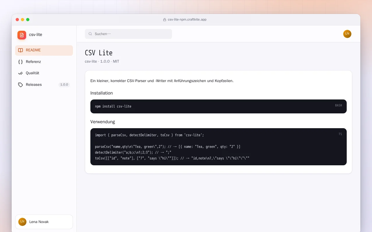 CSV Lite (TypeScript): der Bildschirm „CSV Lite“