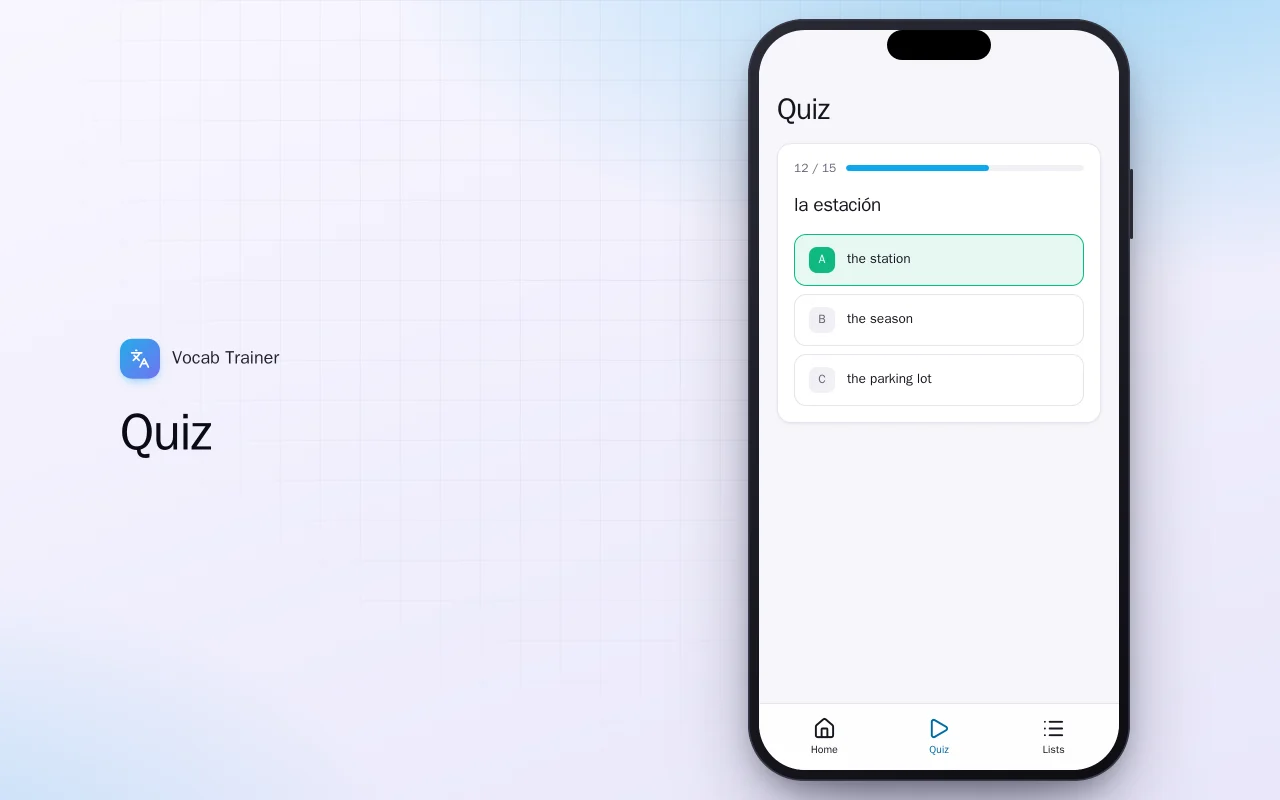 Vocab Trainer (Flutter): the Quiz screen