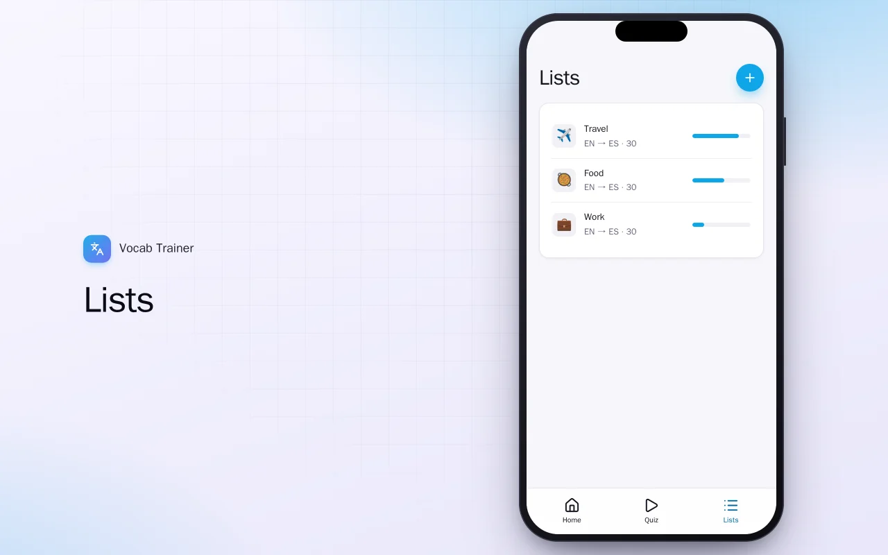 Vocab Trainer (Flutter): the Lists screen