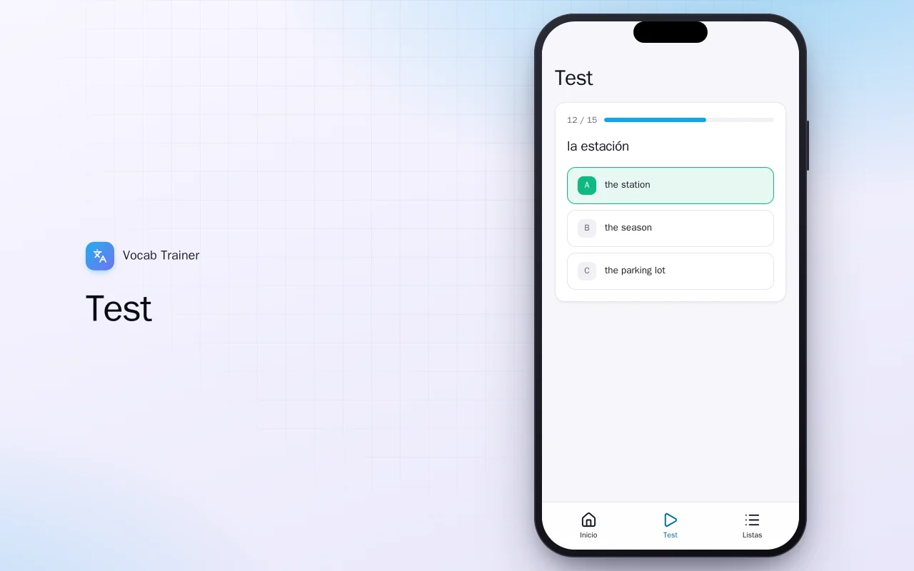 Entrenador de vocabulario (Flutter): la pantalla Test