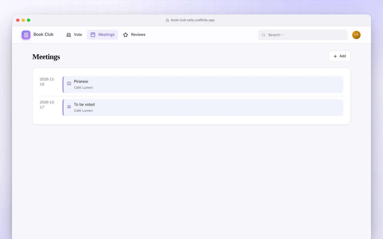 Book Club (Rails): the Meetings screen